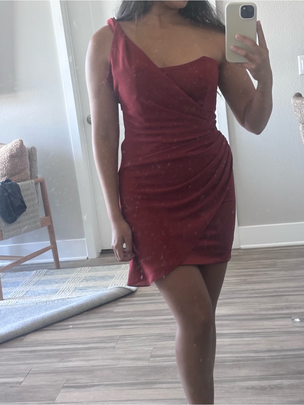 Oh Polly One-Shoulder Rust Red Ruched Mini Dress